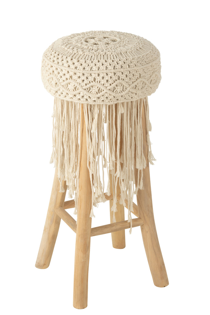 Barstoel Kwasten Hout/Macramé Wit - JL