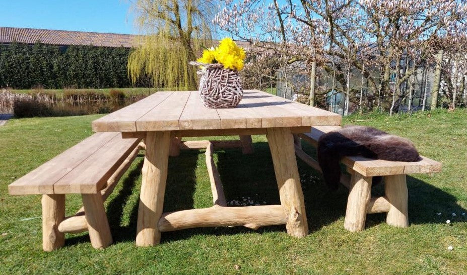 tuintafel dahan met banken in massief teakhout